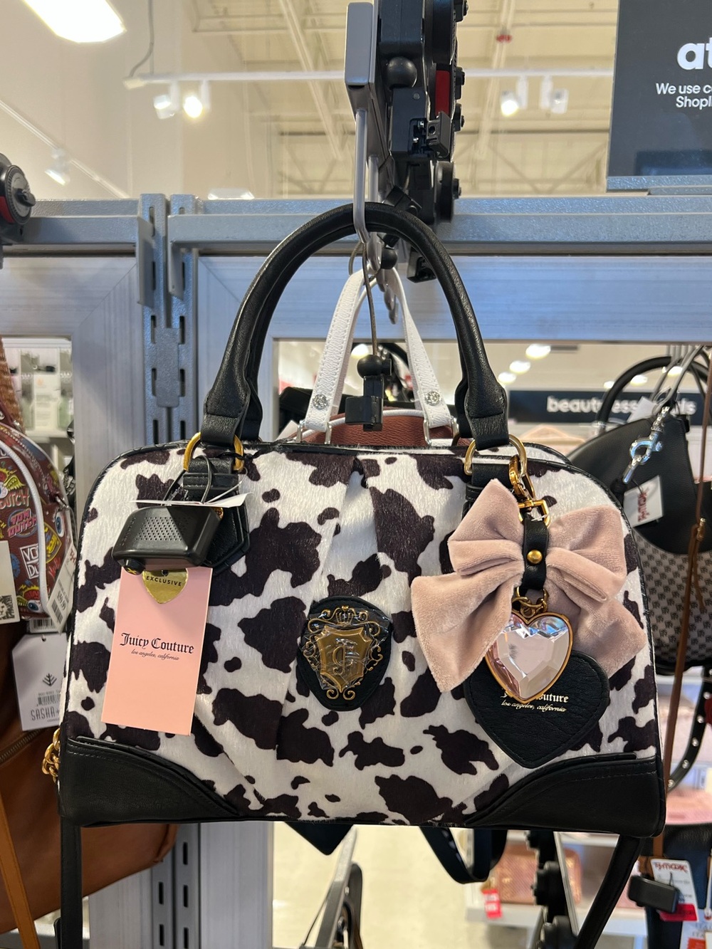 NWT Juicy Couture Black & White Cow Print Satchel with Pink Heart & Bow Charm